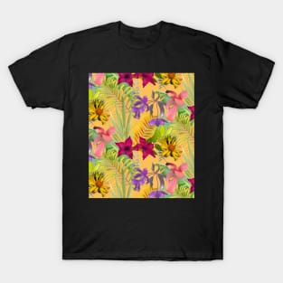 Elegant tropical flowers and leaves pattern purple illustration, yellow tropical pattern over a T-Shirt